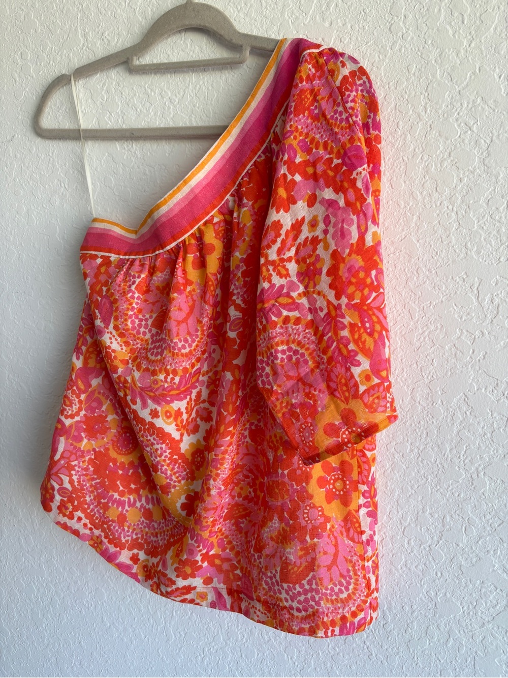 Trina Turk Women’s Peony Floral Print Linen Silk Blend One Shoulder Top SZ S